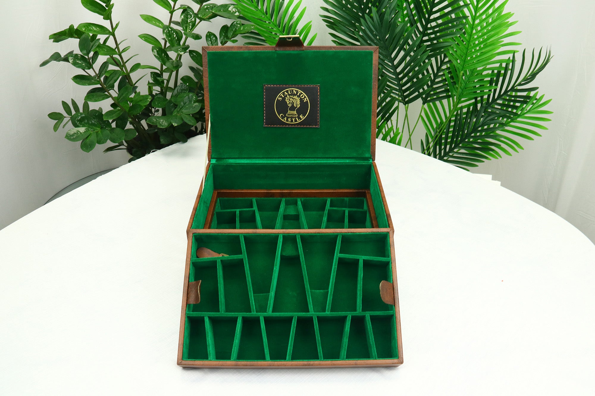 Brown Leatherette Chess Presentation Coffer with straight compartments for 4.125" to 4.4" Chess Pieces