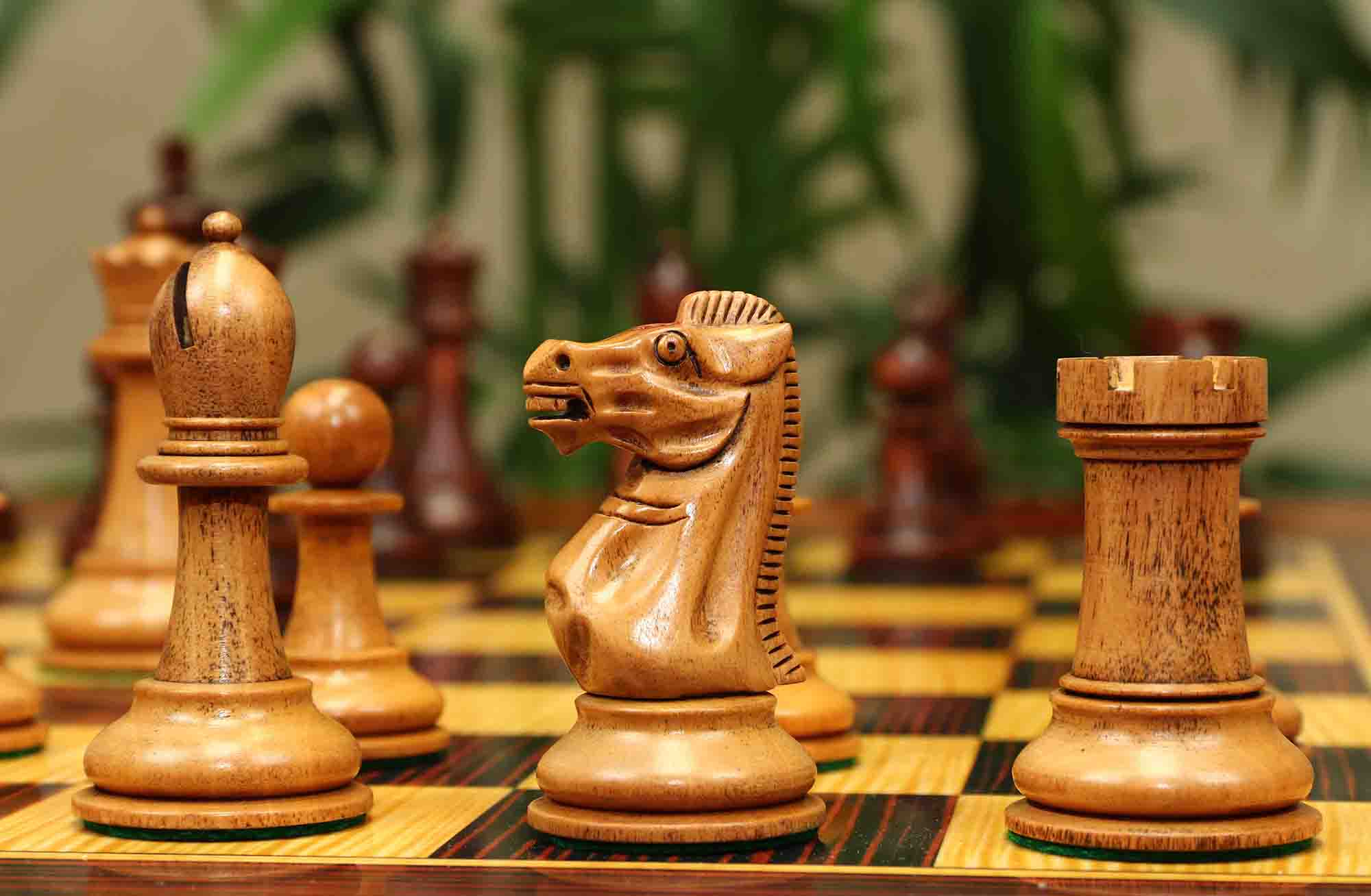 17th Olympiad Havana 1966 Circa Reproduction 3.78" Staunton Chessmen Distressed/Mahogany Stained Boxwood