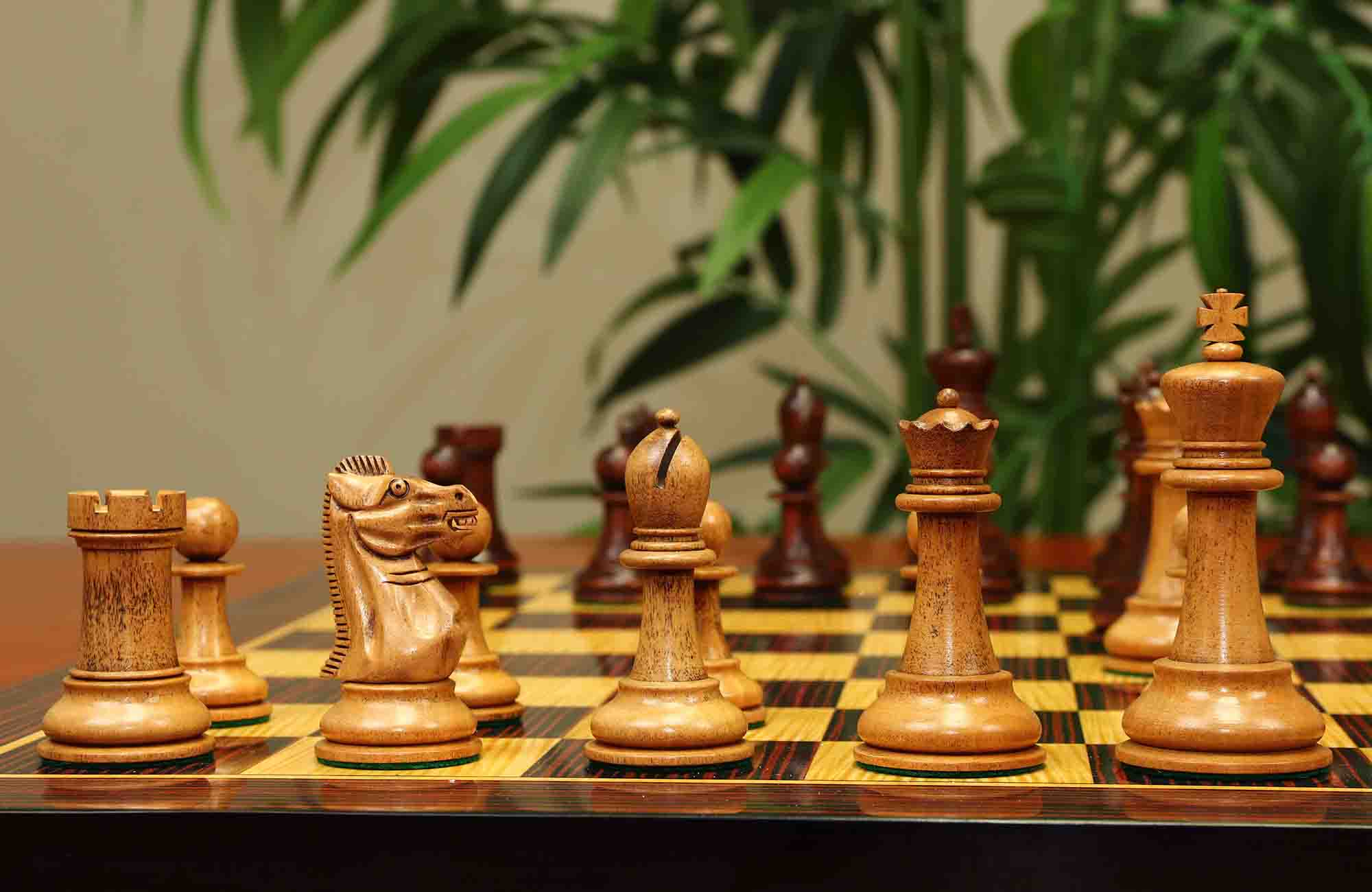 17th Olympiad Havana 1966 Circa Reproduction 3.78" Staunton Chessmen Distressed/Mahogany Stained Boxwood