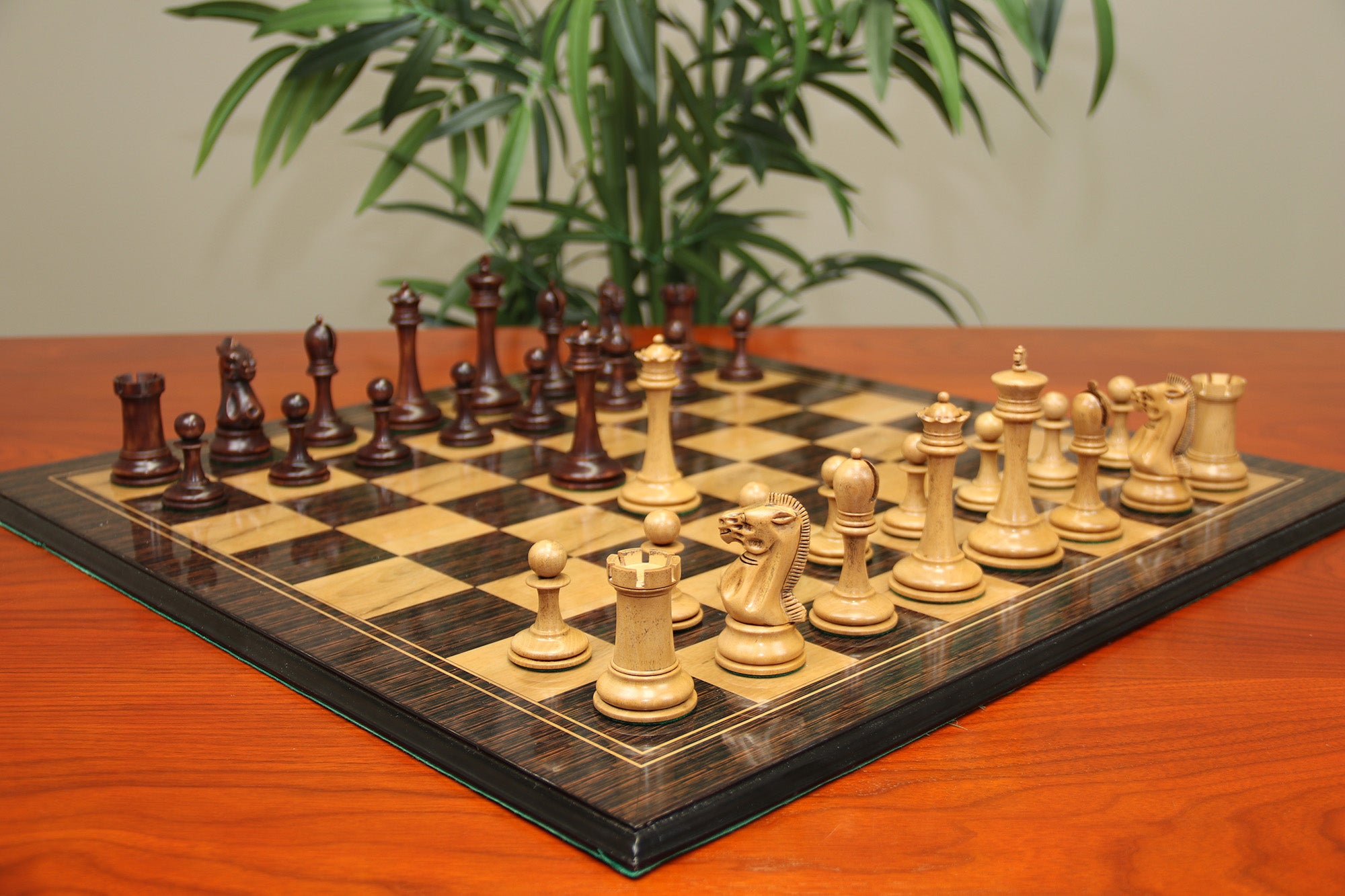 B & Company Reproduced Staunton 4.4" Chess Set in Distressed Boxwood and Mahogany