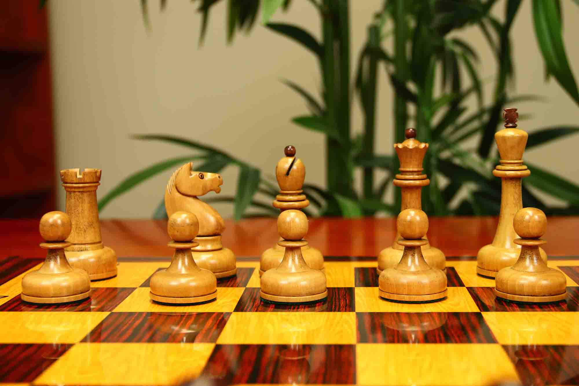 1962 Soviet Championship Historical Reproduced Tal Chess set 4" - Distressed and Mahogany Stained Boxwood