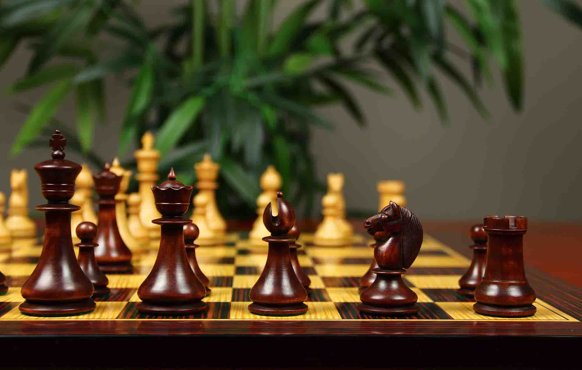 1830 Dublin Style Reproduced Historical Chess Set - 3.75" King Height in Natural & Mahogany Stained Boxwood