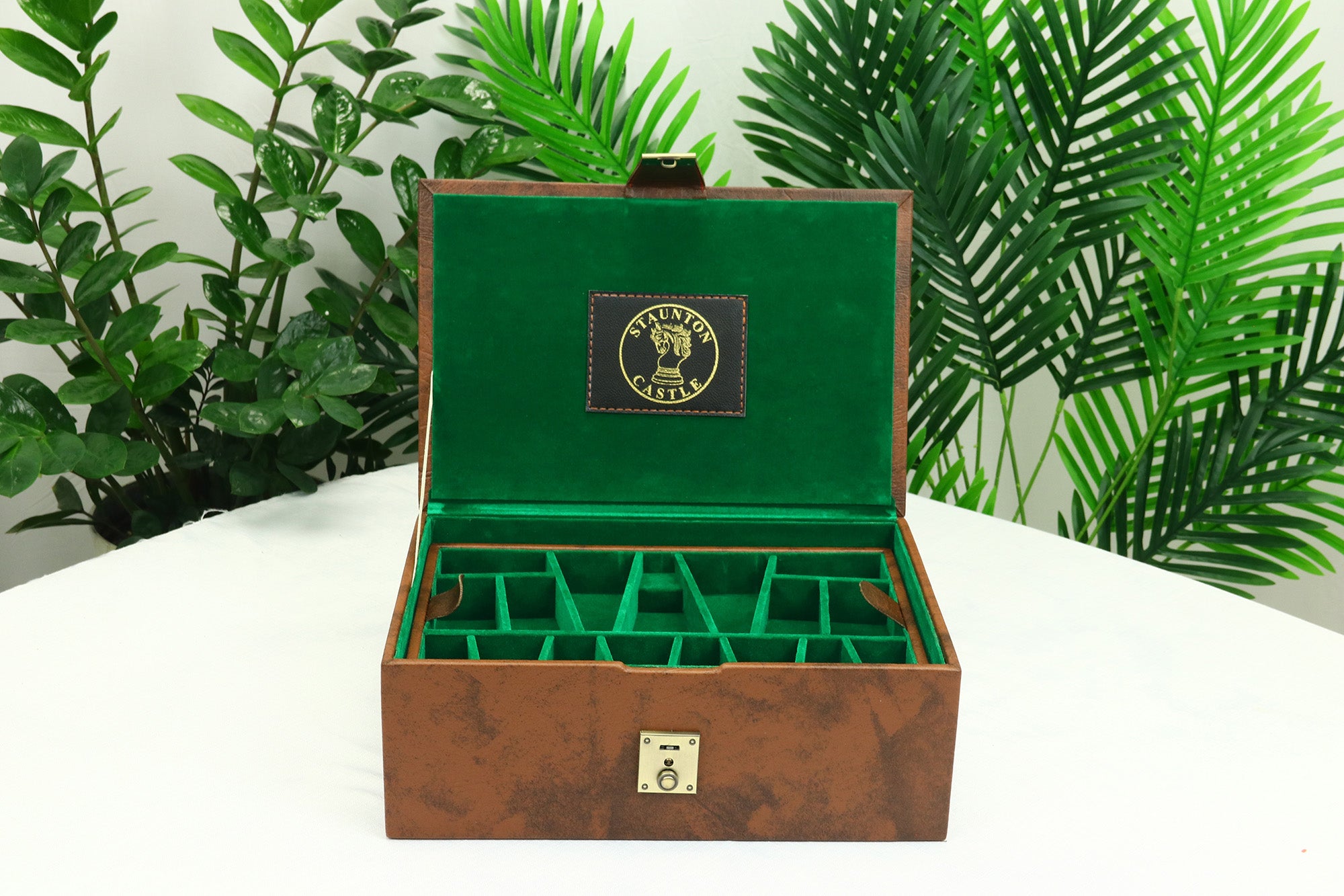 Brown Leatherette Chess Presentation Coffer with straight compartments for 4.125" to 4.4" Chess Pieces
