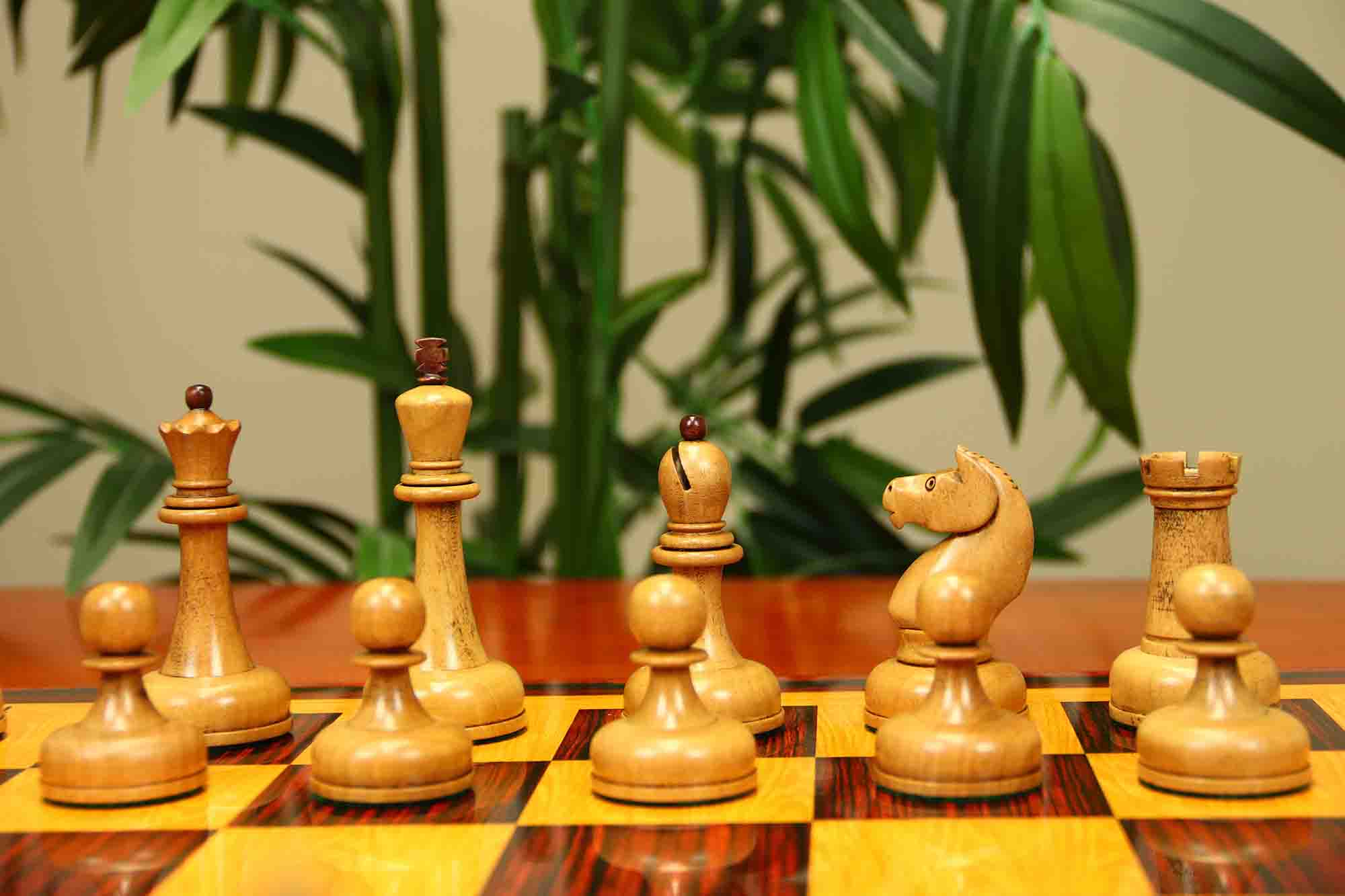 1962 Soviet Championship Historical Reproduced Tal Chess set 4" - Distressed and Mahogany Stained Boxwood