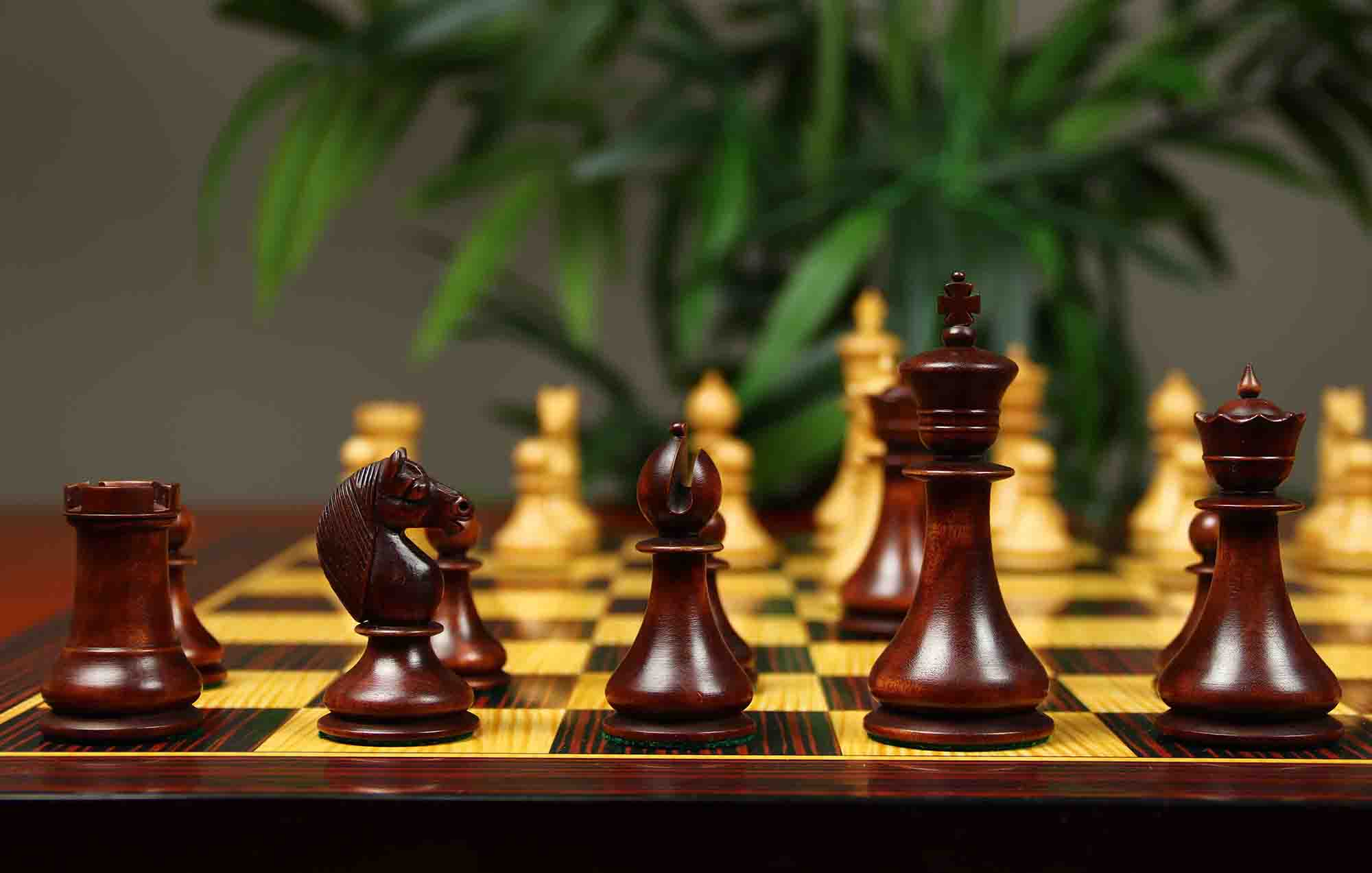 1830 Dublin Style Reproduced Historical Chess Set - 3.75" King Height in Natural & Mahogany Stained Boxwood