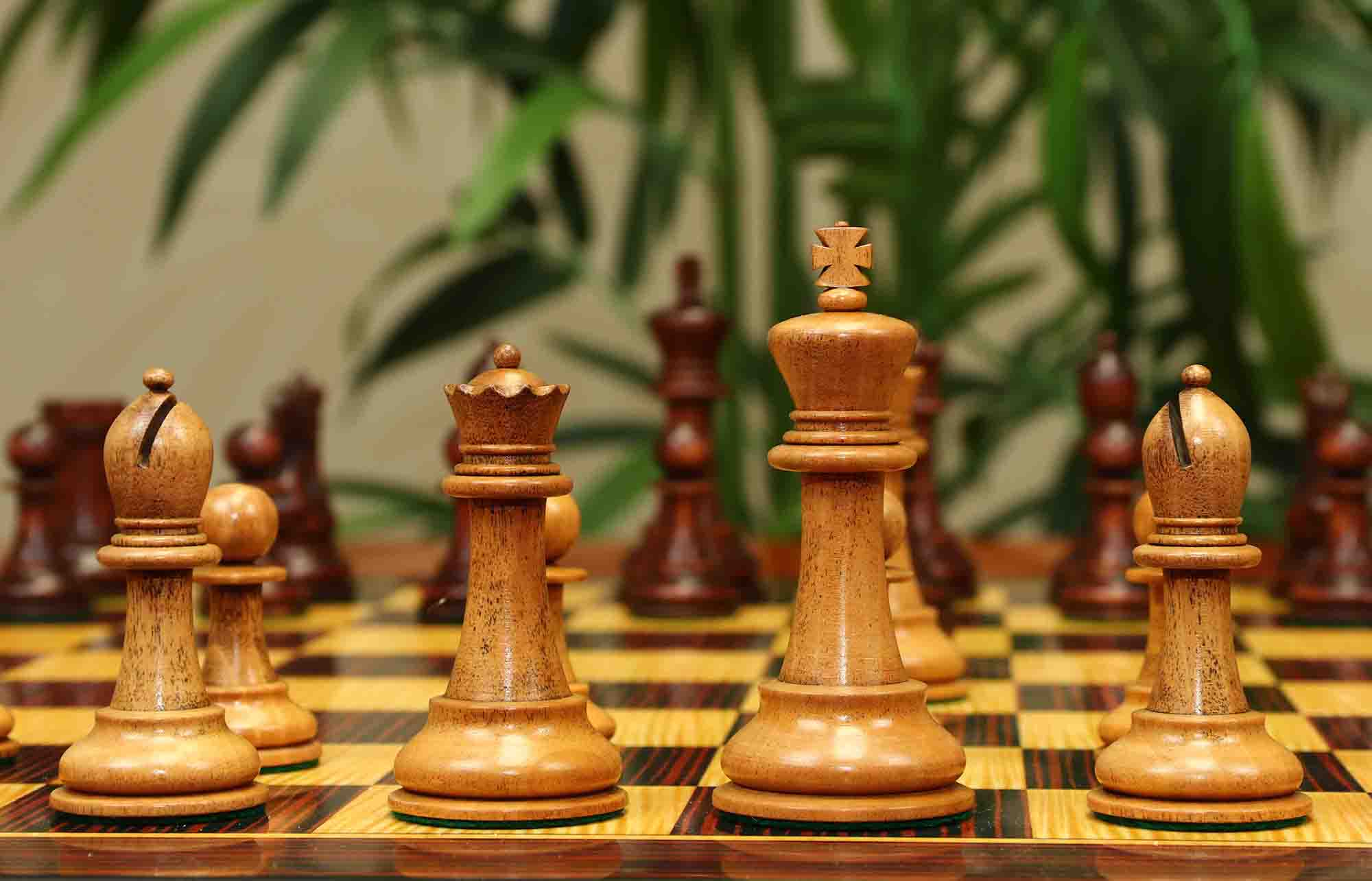 17th Olympiad Havana 1966 Circa Reproduction 3.78" Staunton Chessmen Distressed/Mahogany Stained Boxwood