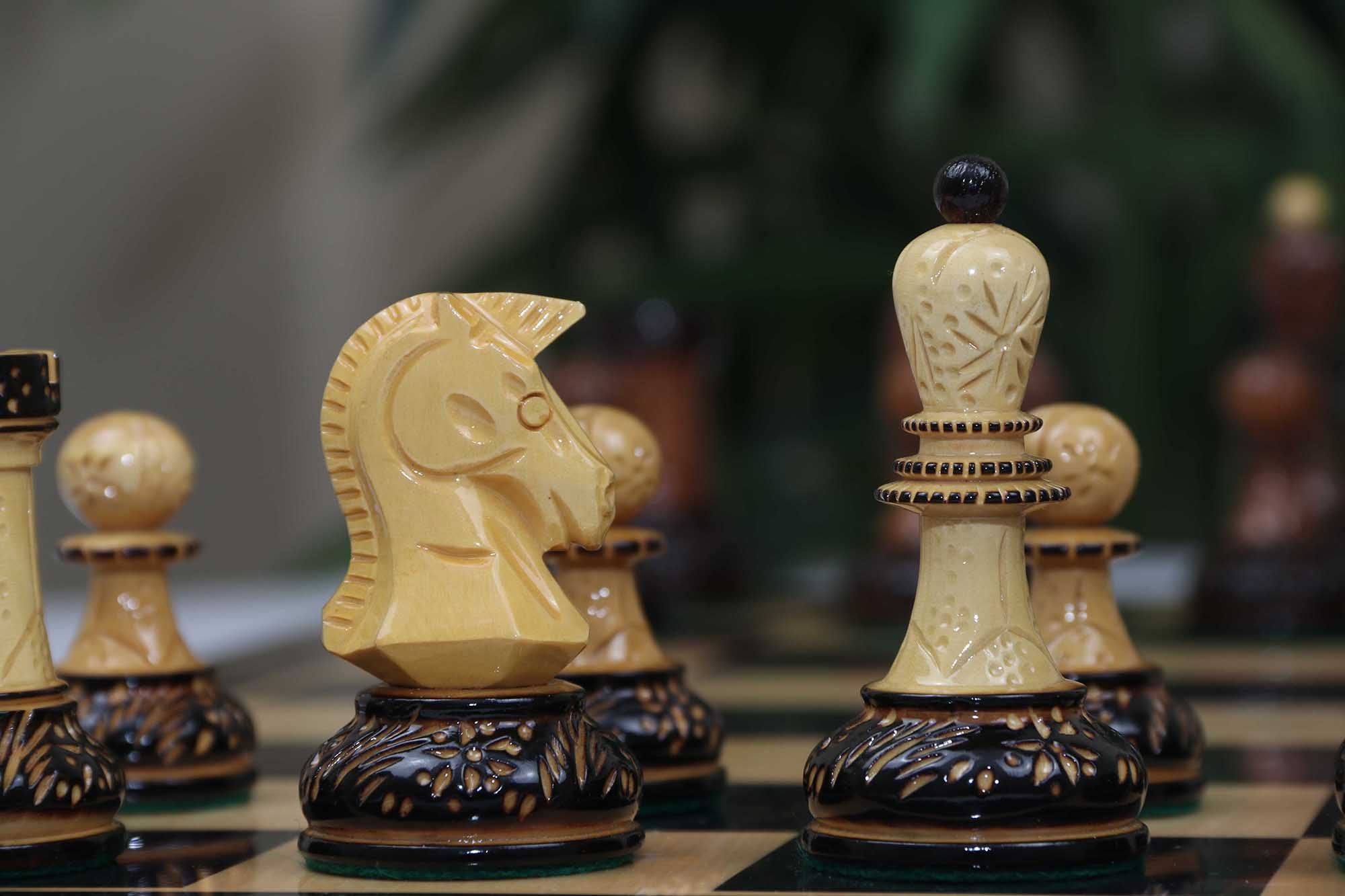 Dubrovink Series 1970 Reproduction 3.75" Luxury Lacquered Burnt Golden Rose & Boxwood Chess Set