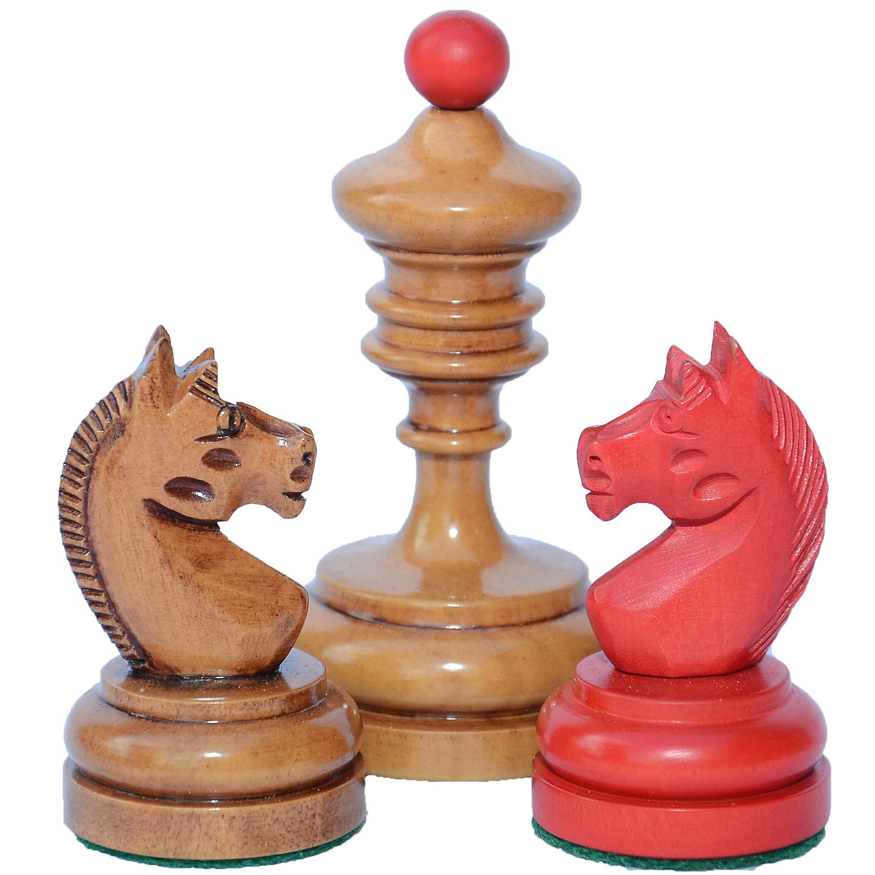 Reproduction Vintage 1930 German Knubbel 3.5" Chess Pieces in Distressed Antique and Red Stained Box wood