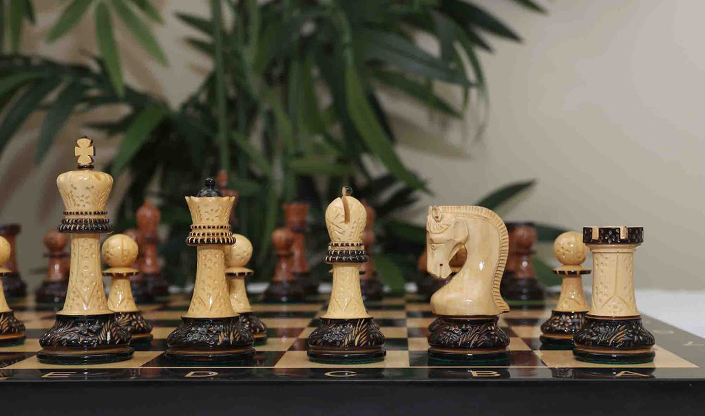 Leningrad Series 4" Luxury Staunton Chess Set in Lacquered Burnt Gold Rosewood & Boxwood