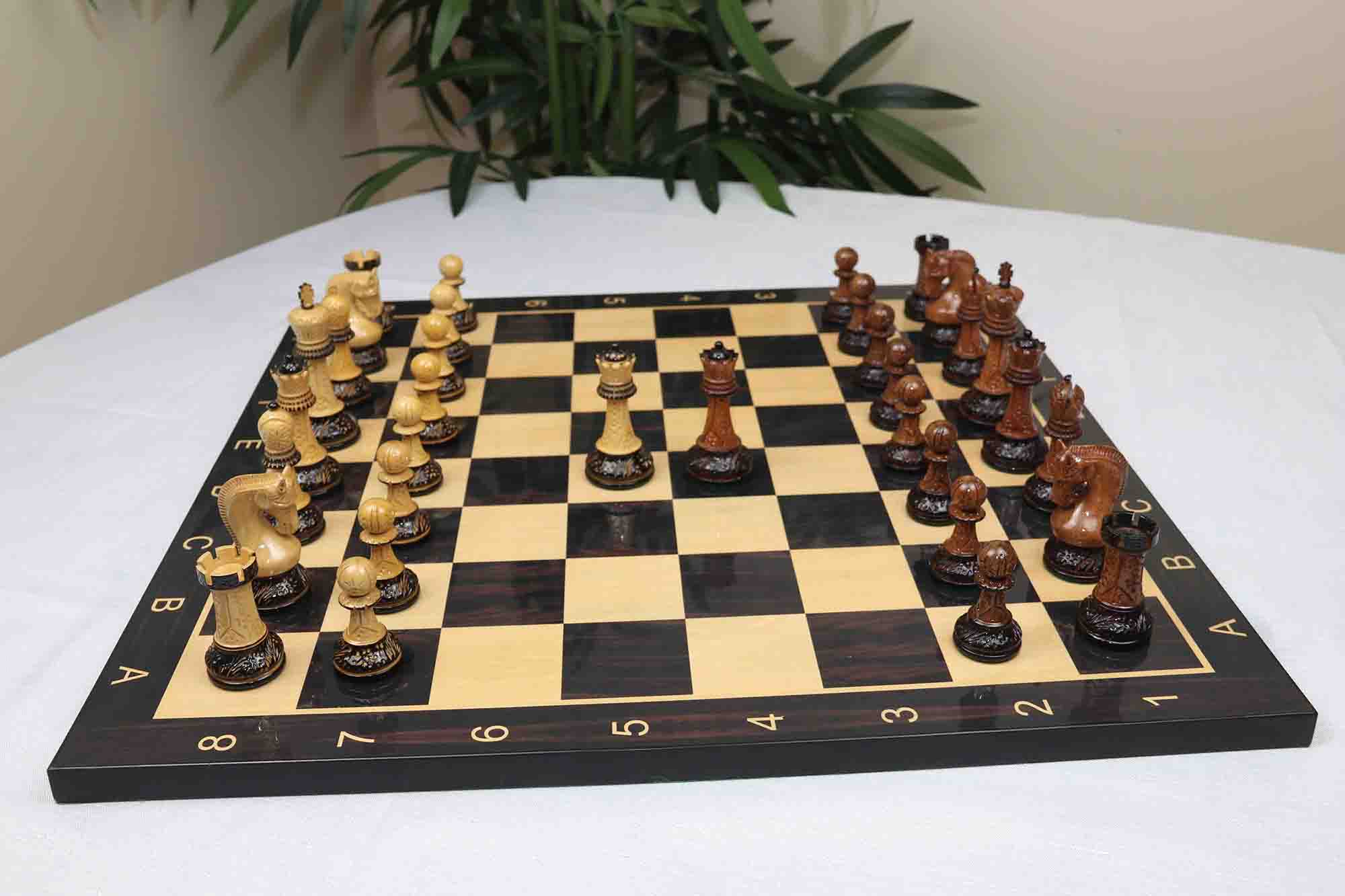 Leningrad Series 4" Luxury Staunton Chess Set in Lacquered Burnt Boxwood