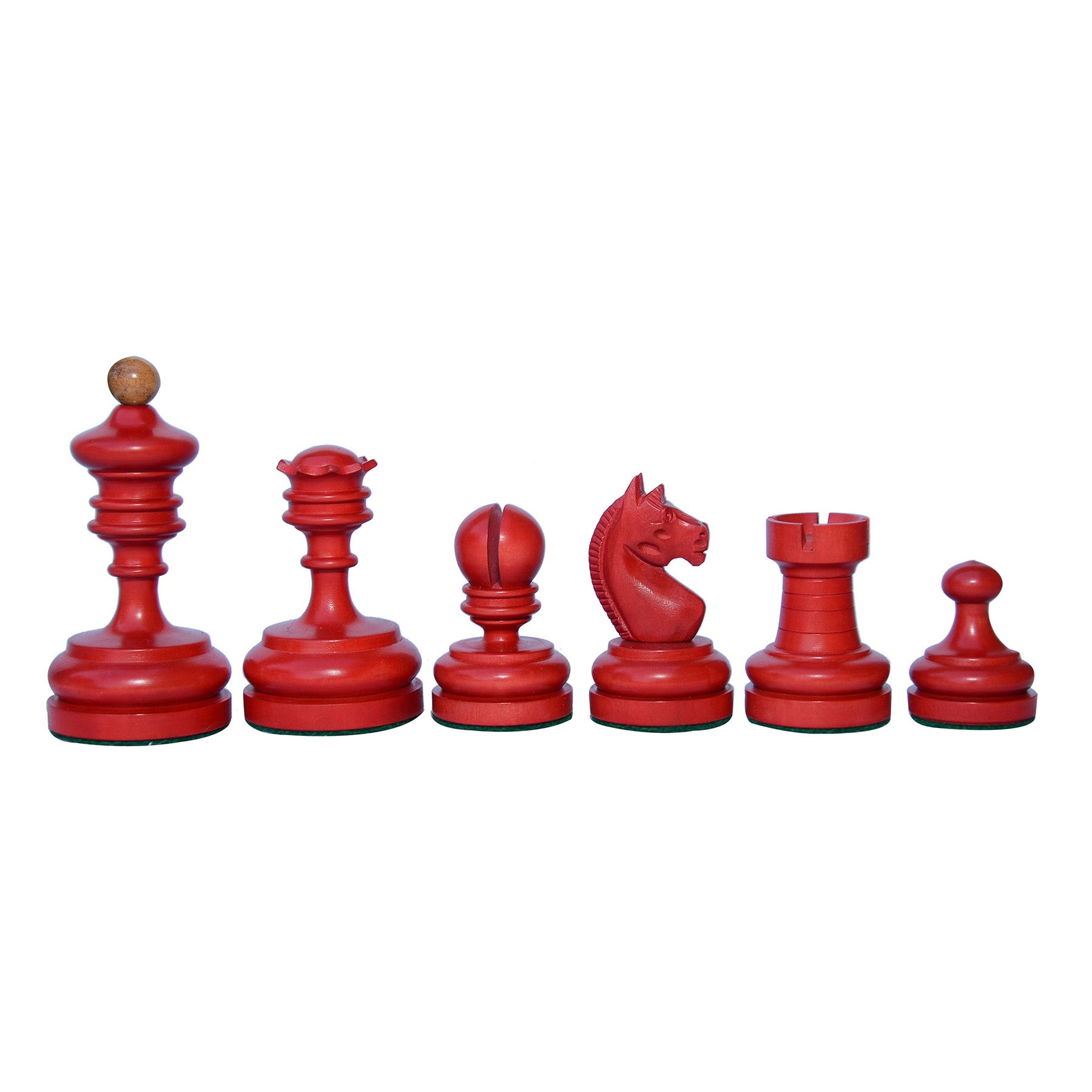 Reproduction Vintage 1930 German Knubbel 3.5" Chess Pieces in Distressed Antique and Red Stained Box wood
