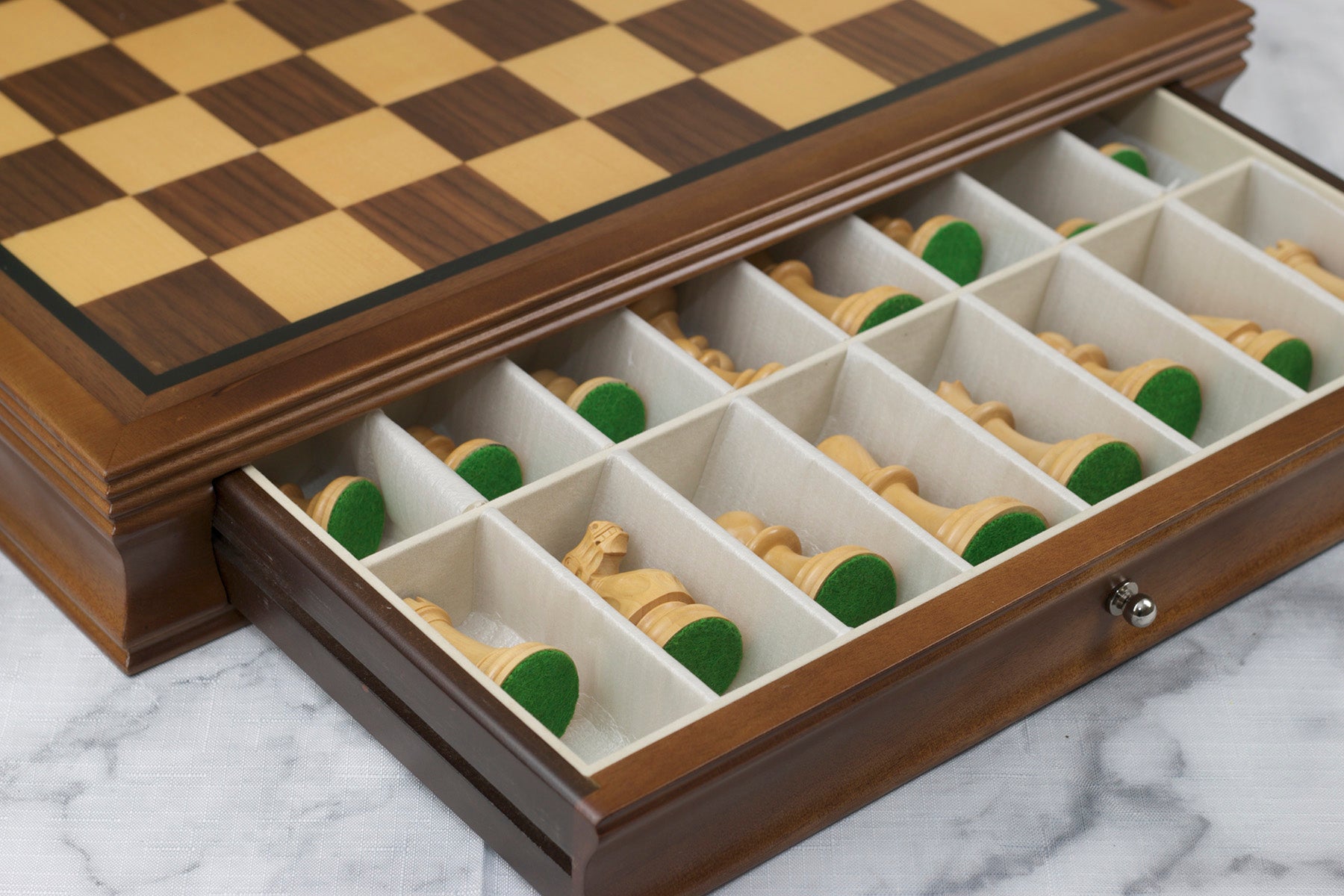 Chess Board with Chess Pieces Storage in Walnut